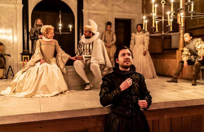 George Fouracres, (front), Polly Frame  and Irfan Shamji in Hamlet at the Sam Wanamaker Playhouse, London. Photo: Johan Persson