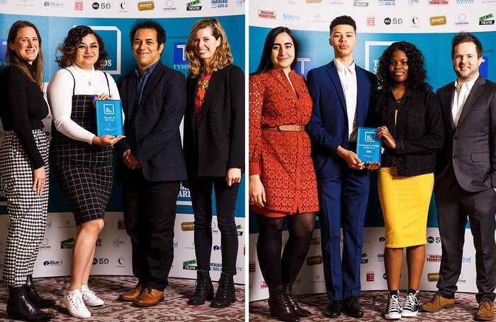 Tarek Iskander (third from left) with the BAC team and Ned Glasier (far right) with members of Company Three at The Stage Awards. Photo: Alex Brenner