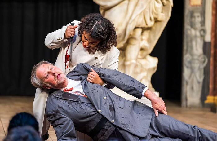 Dickon Tyrrell and Anna Crichlow in Julius Caesar at Shakespeare's Globe. Photo: Tristram Kenton