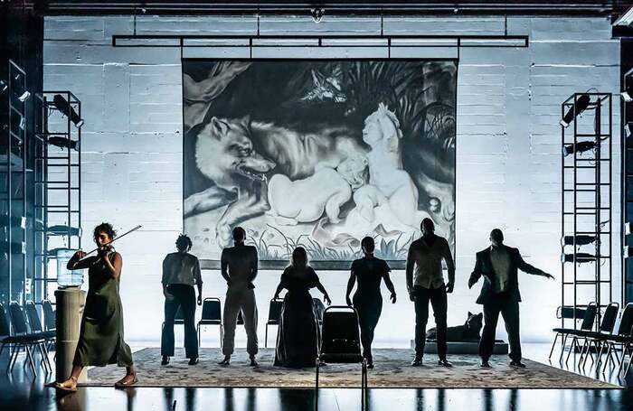 Hanna Khogali, Helena Lymbery, William Robinson, Shyvonne Ahmmad, Sirine Saba, Nathaniel Curtis and Nigel Barrett in Britannicus at Lyric Hammersmith, London. Photo: Marc Brenner