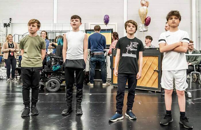 Billy Elliots: Leo Hollingsworth, Jaden Shentall-Lee, Alfie Napolitano and Samuel Newby in rehearsal at Curve. Photo: Marc Brenner