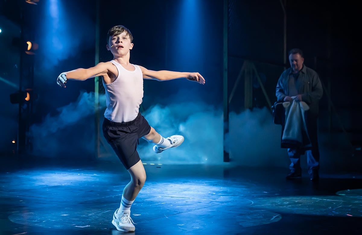 Jaden Shentall-Lee and Joe Caffrey in Billy Elliot at Leicester Curve. Photo: Marc Brenner