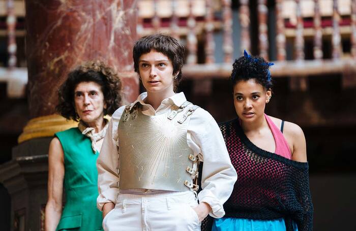 Anna Savva, Isobel Thom and Natasha Cottriall in I, Joan at Shakespeare's Globe, London. Photo: Helen Murray