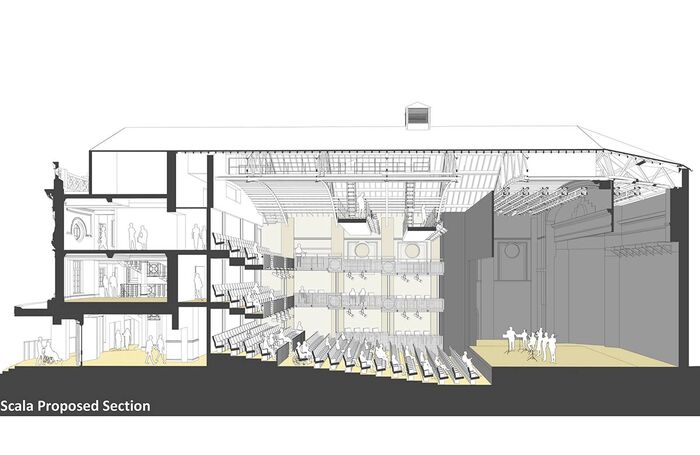 Rendering of the 500-seat auditorium and additional spaces of the new Worcester arts centre