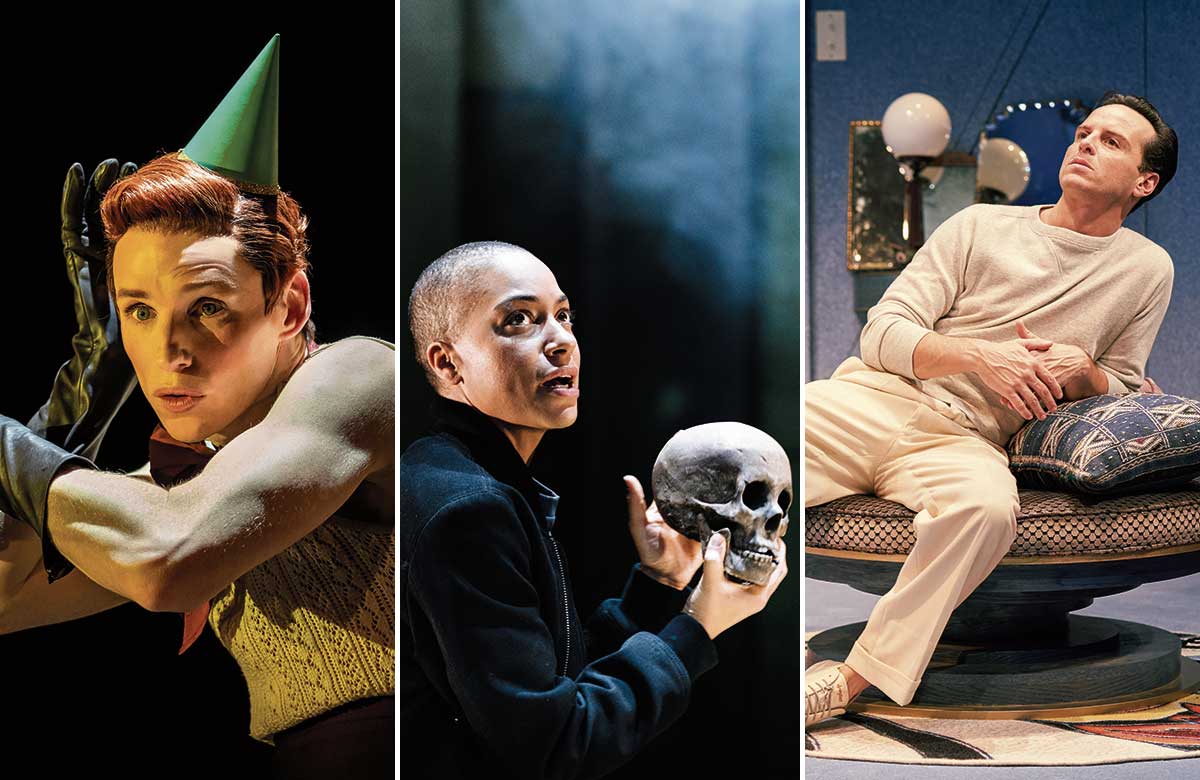 Eddie Redmayne in Cabaret at London’s Playhouse Theatre (2021); Cush Jumbo in Hamlet at London’s Young Vic (2021); Andrew Scott in Present Laughter at London’s Old Vic (2019). Photos: Marc Brenner/Helen Murray/Manuel Harlan