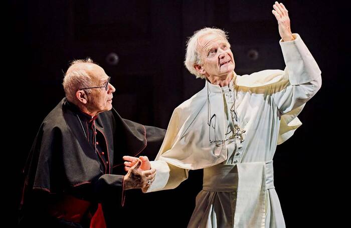 Anton Lesser and Nicholas Woodeson in The Two Popes at the Rose Theatre, Kingston Upon Thames. Photo: Manuel Harlan