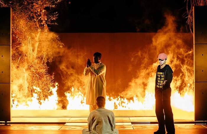 Nadeem Islam, Zainab Hasan and Eli London in Antigone at Regent's Park Open Air Theatre, London. Photo: Helen Murray