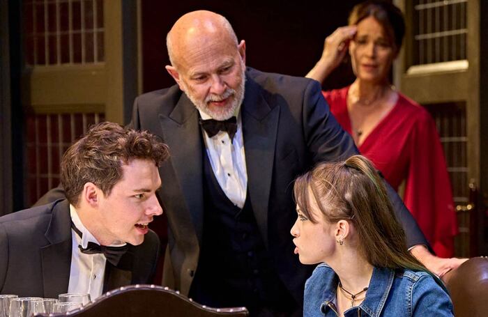 Patrick Walshe McBride, Vincent Franklin, Grace Hogg-Robinson and Eva Pope in The Snail House at Hampstead Theatre, London. Photo: Manuel Harlan