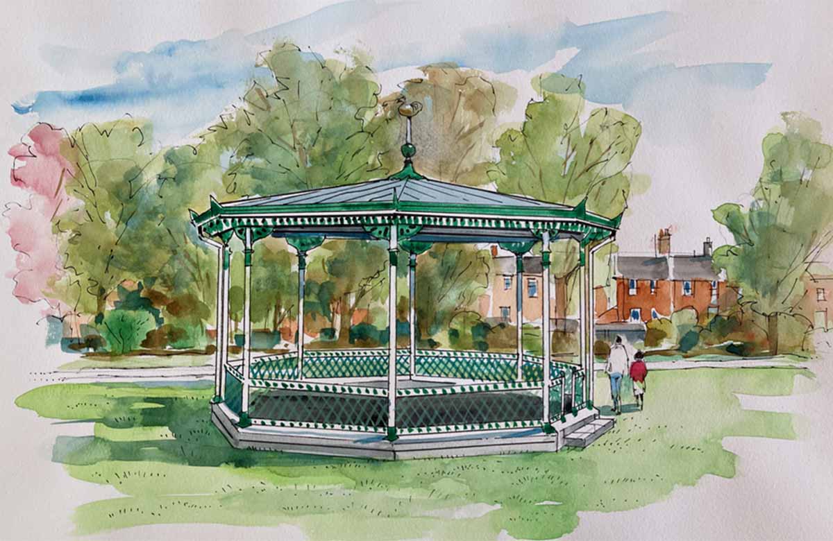 An artist's impression of the bandstand in Meadowbank Park, Dorking