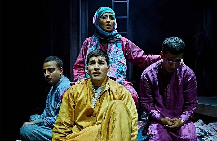 Farshid Rokey, Houda Echouafni, Shamail Ali and Ahmad Sakhi in The Boy with Two Hearts at Dorfman Theatre, National Theatre, London. Photo: Jorge Lizalde