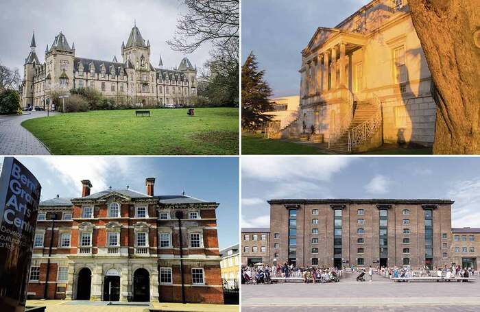 Closed schools, clockwise from top left: ALRA South, Whitelands College at University of Roehampton, Drama Centre London (in the Central Saint Martins building) and Musical Theatre Academy (in the Bernie Grant Arts Centre). Photos: Shutterstock