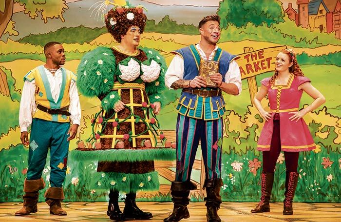 Nathan Connor, Ben Roddy, Duncan James and Bobbie Chambers in Jack and the Beanstalk at the Marlowe Theatre, Canterbury. Photo: Pamela Raith