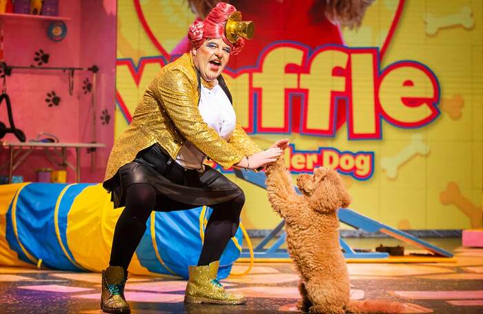 Damian Williams and Waffle the Wonder Dog in Jack and the Beanstalk at Lyceum Theatre, Sheffield. Photo: Pamela Raith