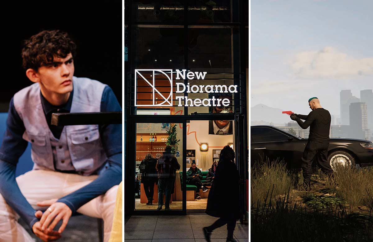 Joe Locke in The Trials at Donmar Warehouse, New Diorama Theatre and Hamlet in Grand Theft Audio. Photos: Helen Murray/Rebecca Need-Menea/Sam Crane