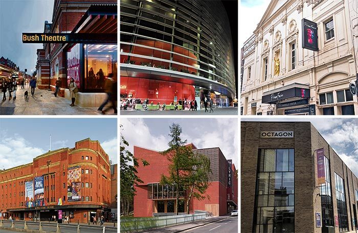 Clockwise from top left: Bush Theatre, London (photo by Philip Vile); Curve Theatre, Leicester (photo by Iain Jaques); Harold Pinter Theatre, London; Bolton Octagon; Lyric Theatre, Belfast (photo by Dennis Gilbert); Liverpool Royal Court