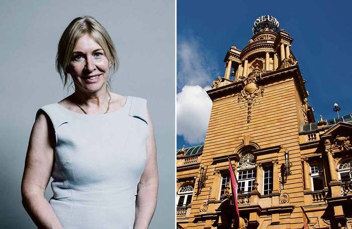 Nadine Dorries and London Coliseum, home of English National Opera, which was defunded in ACE’s latest round of NPO funding. Photo: Chris McAndrew/Shutterstock