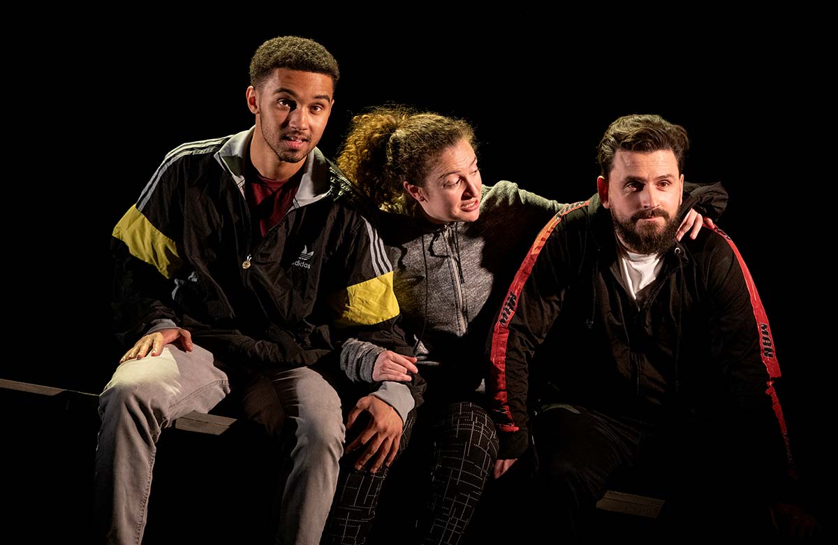 Sam Reuben, Ajjaz Awad and Dritan Kastrati in How Not to Drown at Theatre Royal Stratford East. Photo: Tommy Ga-Ken Wan