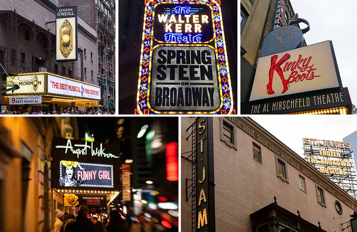 Top row: Broadway theatres the Eugene O'Neill, Walter Kerr and Al Hirschfeld. Bottom row: the August Wilson and the St James. Photos: Shutterstock