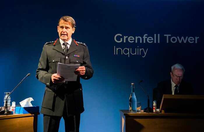 David Michaels and Thomas Wheatley in Grenfell: System Failure – Scenes from the Inquiry at the Playground Theatre, London. Photo: Tristram Kenton