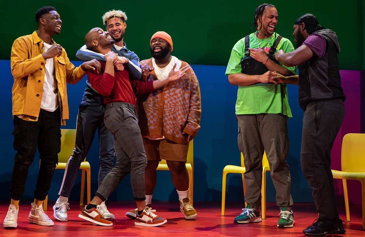 Aruna Jalloh, Nnabiko Ejimofor, Darragh Hand, Emmanuel Akwafo, Kaine Lawrence and Mark Akintimehin in For Black Boys Who Have Considered Suicide When the Hue Gets Too Heavy at the Apollo Theatre. Photo: Ali Wright