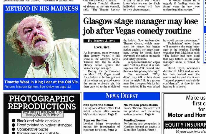 Timothy West's performance King Lear makes the front page of The Stage in April 2003