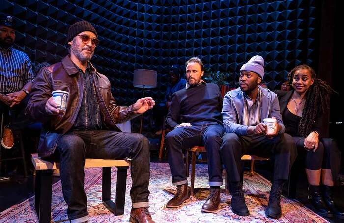 Martín Solá, Greg Keller, Leland Fowler and Suzan-Lori Parks in Plays for the Plague Year at the Public Theater, New York. Photo: Joan Marcus