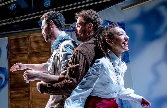 Alex Mugnaioni, Samuel Collings and Patricia Allison in Jules and Jim at Jermyn Street Theatre, London. Photo: Steve Gregson