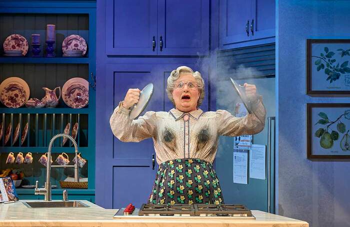 Gabriel Vick in Mrs Doubtfire at the Shaftesbury Theatre, London. Photo: Manuel Harlan