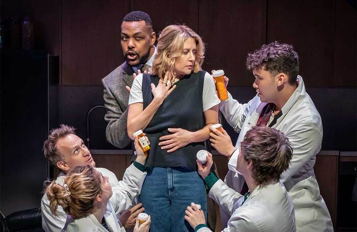 Eleanor Worthington-Cox, Jamie Parker, Trevor Dion Nicholas, Caissie Levy, Jack Wolfe and Jack Ofrecio in Next to Normal at Donmar Warehouse, London. Photo: Marc Brenner