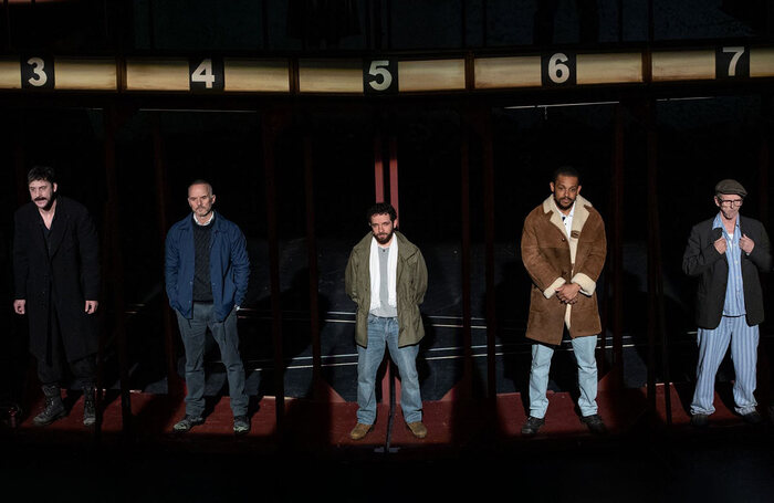 Barry Sloane, Mark Womack, Nathan McMullen, Aron Julius and Andrew Schofield in Boys from the Blackstuff at Royal Court Theatre, Liverpool. Photo: Jason Roberts