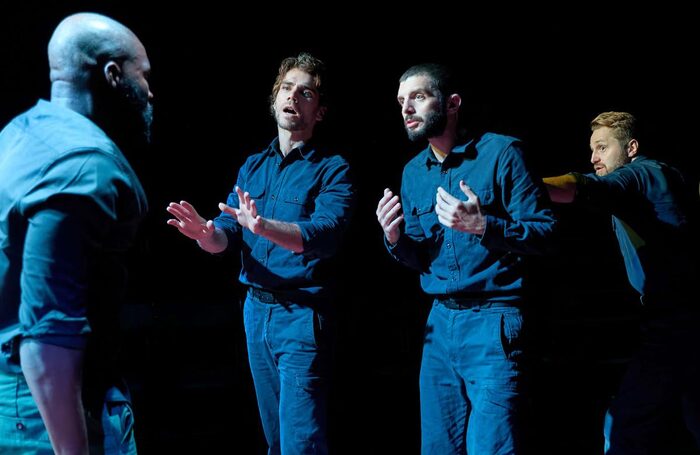 Martins Imhangbe, Jeremy Neumark Jones, Michael C Fox and Orlando James in Othello at Riverside Studios, London. Photo: Mark Douet