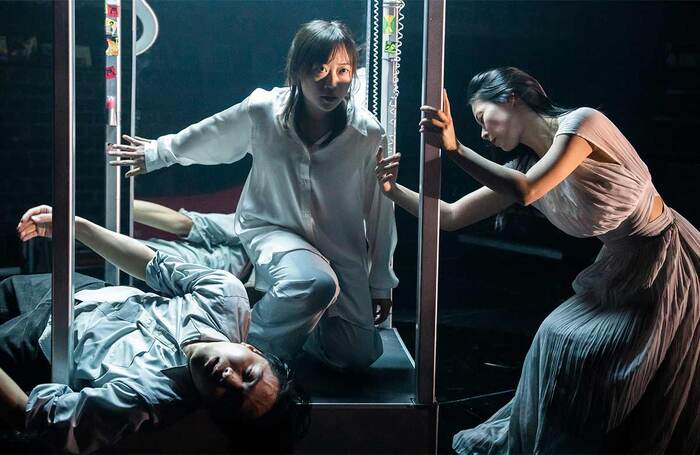 Naruto Komatsu, Millicent Wong and Natsumi Kuroda in Sputnik Sweetheart at Arcola Theatre, London. Photo: Tristram Kenton