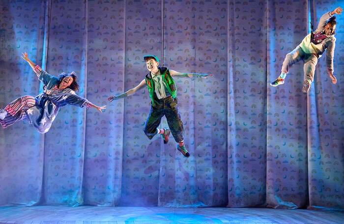 Emily Burnett, Rebecca Hayes and Kevin McIntosh in Peter Pan at Sherman Theatre, Cardiff. Photo: Mark Douet