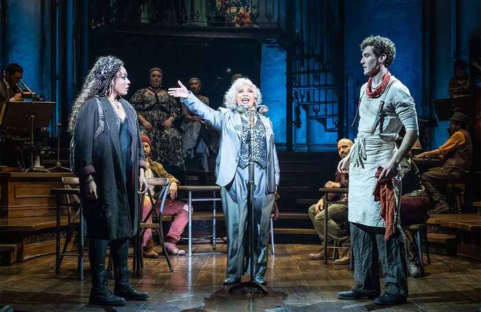 Grace Hodgett Young, Melanie La Barrie and Dónal Finn in Hadestown at the Lyric Theatre, London. Photo: Marc Brenner