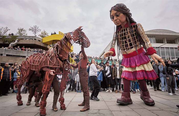 War Horse’s Joey meets Little Amal – both created by Handspring Puppet Company – during Amal’s visit to the Southbank Centre in October 2021. Photo: The Walk-Productions/David Levene