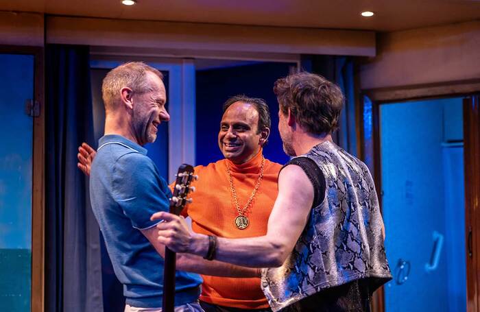 James Hillier, Neil D'Souza and Peter Bramhill in Out of Season at Hampstead Theatre Downstairs, London. Photo: The Other Richard