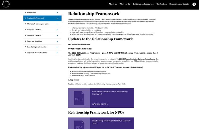 Screenshot of ACE's Relationship Framework document section on its website (artscouncil.org.uk)