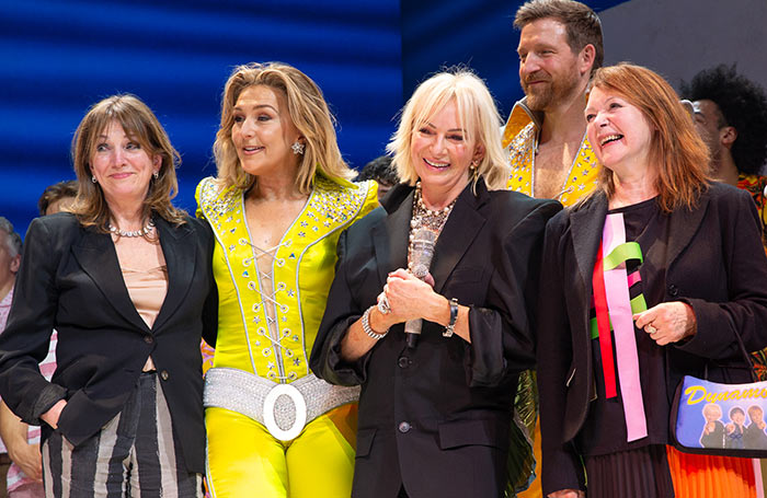 Siobhan McCarthy, Mazz Murray, Judy Craymer, Haydn Oakley and Catherine Johnson at the curtain call of Mamma Mia!. Photo: Piers Allardyce