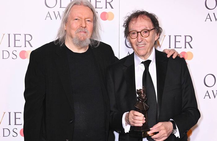 Christopher Hampton and Don Black, accepting the best musical revival award for Sunset Boulevard at the Olivier Awards 2024. Photo: Joanne Davidson