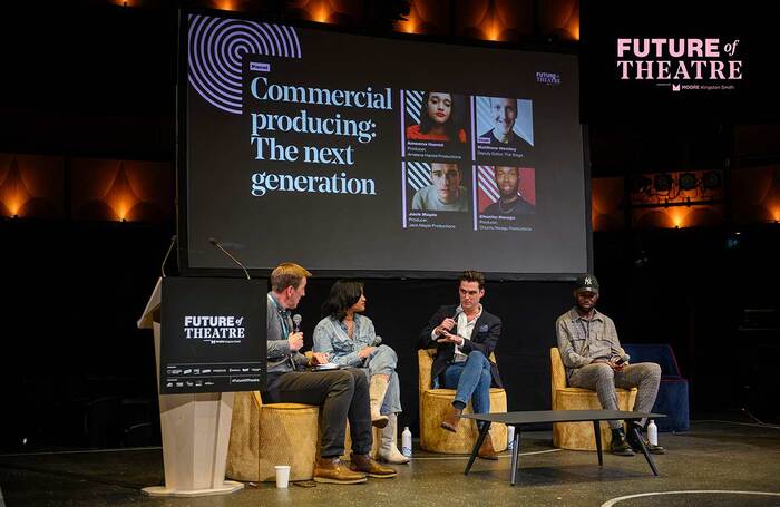 Deputy editor Matthew Hemley with Ameena Hamid, Jack Maple and Chuchu Nwagu at the Future of Theatre conference 2024 at @sohoplace. Photo: David Monteith-Hodge