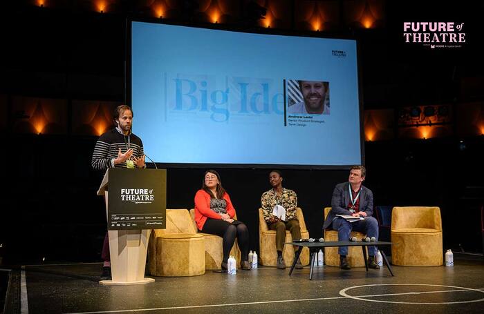 Andrew Ladd presenting his winning Big Idea at the Future of Theatre conference 2024 at @sohoplace. Photo: David Monteith-Hodge