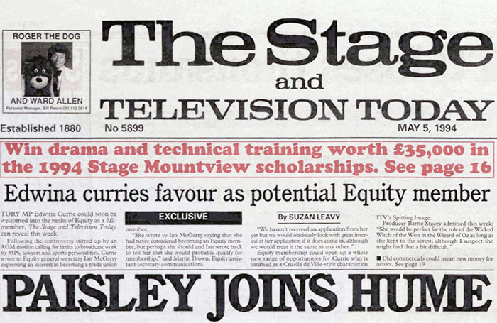 Edwina Currie’s Equity bid – 30 years ago in The Stage