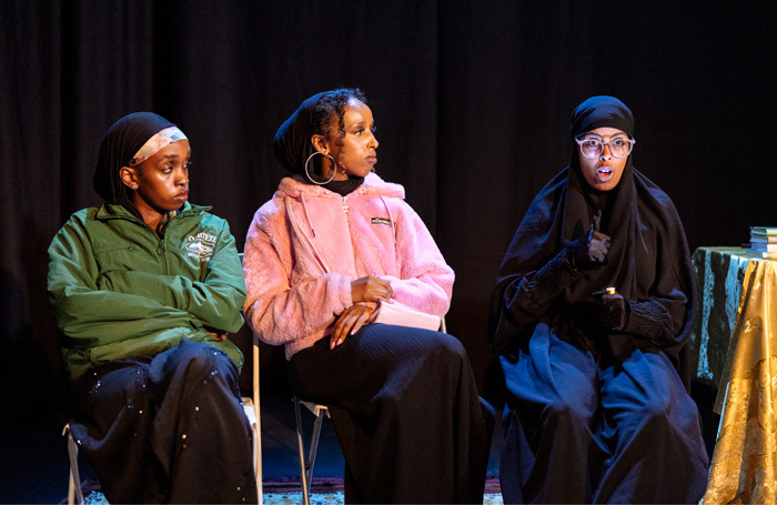 Sabrina Ali, Faduma Issa and Susu Ahmed in Dugsi Dayz at Jerwood Upstairs, Royal Court Theatre, London. Photo: Cesare De Giglio