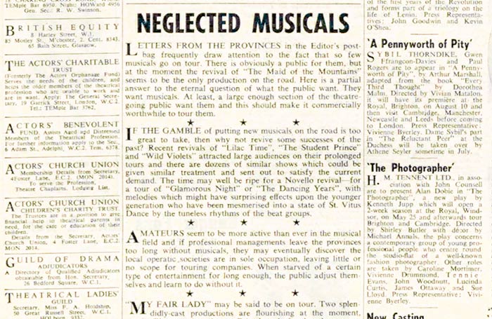 Public demand for touring musicals – 60 years ago in The Stage