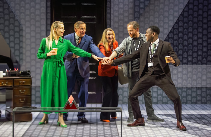 Natalie Dunne, Matthew Cottle, Debra Stephenson, Ryan Early and Jason Callender in Party Games! at Yvonne Arnaud Theatre, Guildford. Photo: Craig Fuller